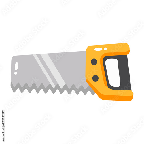 Fotografía A flat icon of a hand saw, shown in orange, gray, black, and white with clean geometric forms, simplified details, and a plain white background