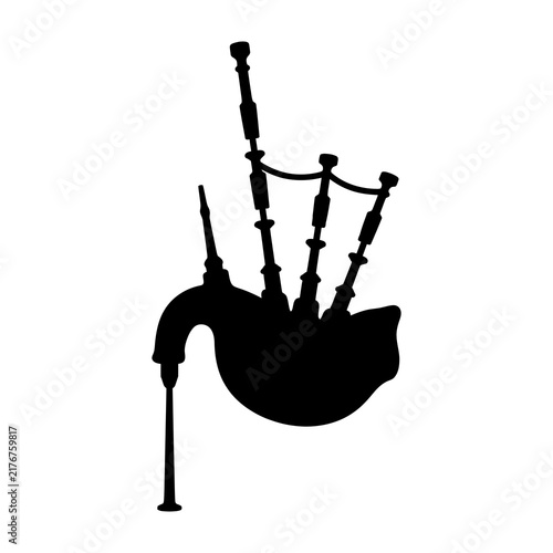 Black silhouette of a traditional bagpipe instrument on white background