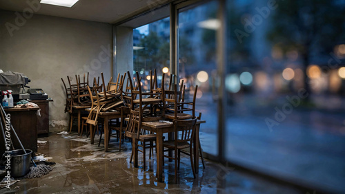 An empty cafe interior after closing, with chairs stacked on tables and a reflection of the streetlights in the flooded floor, suggesting a quiet, melancholic atmosphere.