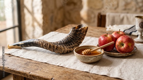 Traditional Jewish Shofar ram horn displayed with red apples and ceramic bowl of sweet honey with wooden dipper on linen tablecloth for Rosh Hashanah celebration