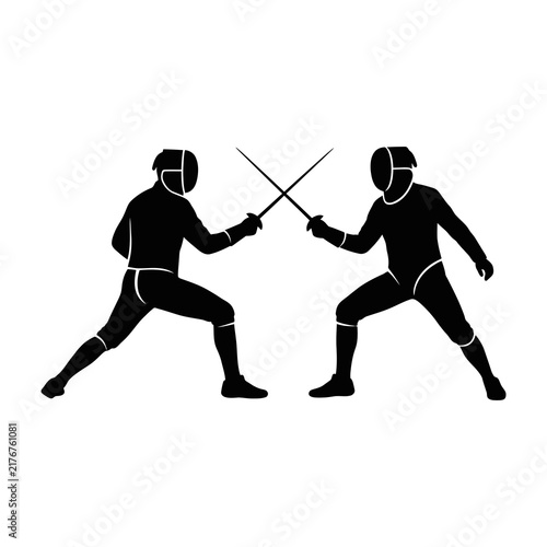 Fotografía Two fencers in action with swords and protective gear on white background