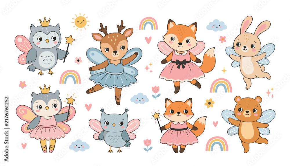 Obraz premium Charming cartoon forest creature fairy collection with winged baby animals wearing dresses flying near magical rainbows and clouds flat vector