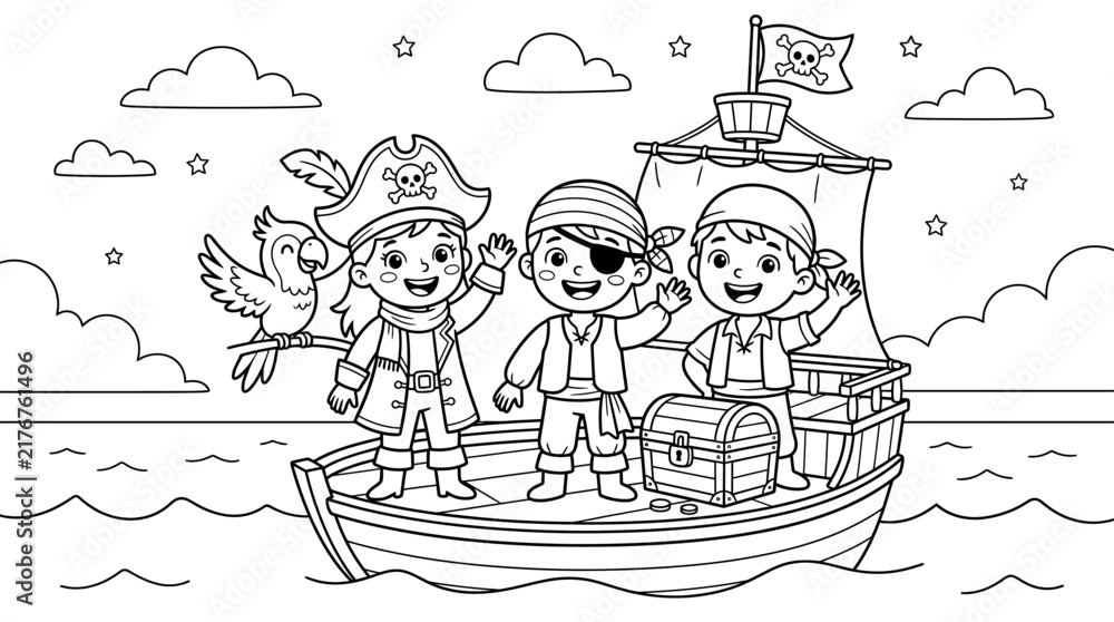 Naklejka premium Black and white coloring page featuring three cute cartoon pirates standing on a small boat with a parrot