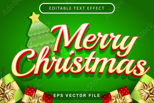 Merry Christmas 3D text effect with festive tree and gift boxes on green background