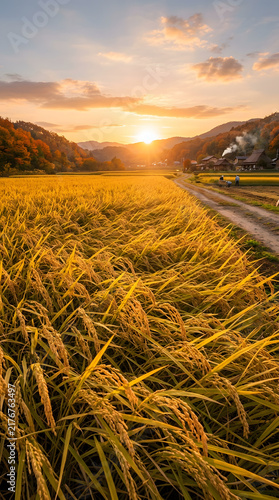 Golden Rice Field Swaying in Warm Sunset Breeze Autumn Harvest Background