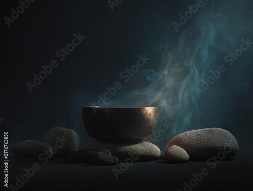 Meditation singing bowl with smooth stones and drifting smoke for spa background and relaxation banner design
