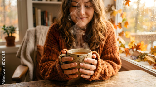Close Up Hands Holding Warm Steaming Mug in Cozy Sweater Autumn Scene