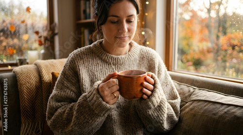 Close Up Hands Holding Warm Steaming Mug in Cozy Sweater Autumn Scene