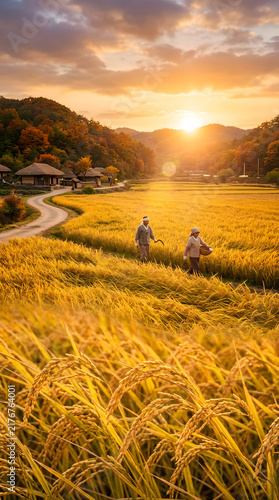 Golden Rice Field Swaying in Warm Sunset Breeze Autumn Harvest Background