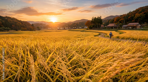Golden Rice Field Swaying in Warm Sunset Breeze Autumn Harvest Background
