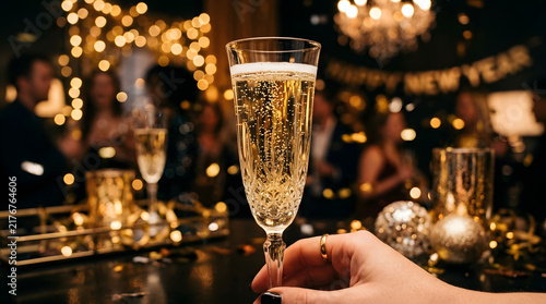 Golden Champagne Bubbles Rising with Glowing Bokeh Lights Celebration Background