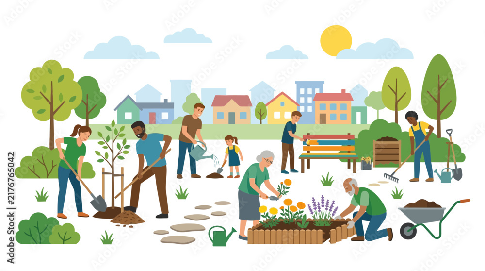 Fototapeta premium Community Garden Activity: Diverse People Planting, Watering, and Gardening Together in a Town