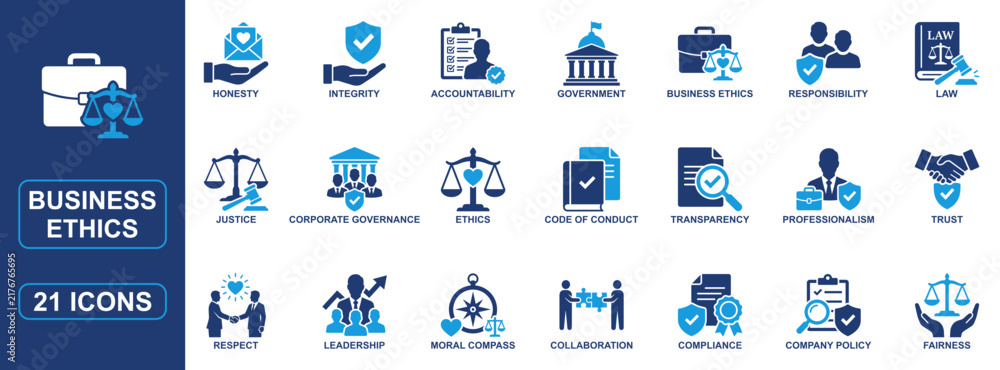 Foto Business Ethics Solid Icon Set Featuring Compliance, Integrity, Responsibility,