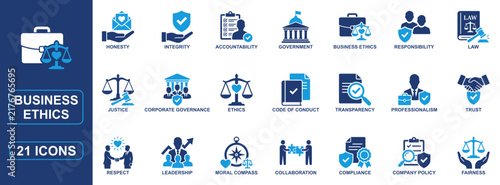 Принти на полотні Business Ethics Solid Icon Set Featuring Compliance, Integrity, Responsibility,
