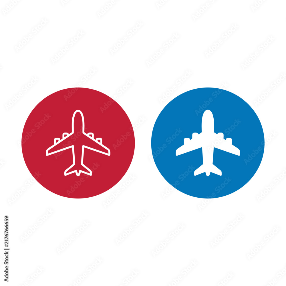 Fototapeta premium Airplane icons in red and blue circles for travel and transportation themes