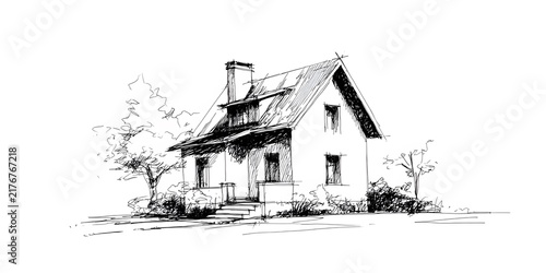 Hand drawn ink sketch of a rustic house with trees and bushes around it