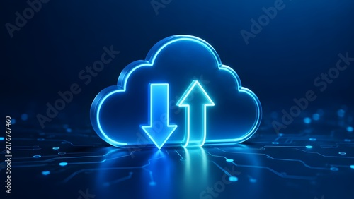 Glowing neon blue cloud computing icon with upload and download arrows on digital circuit background representing data transfer and storage