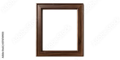 Empty wooden picture frame with dark brown wood grain isolated on white background