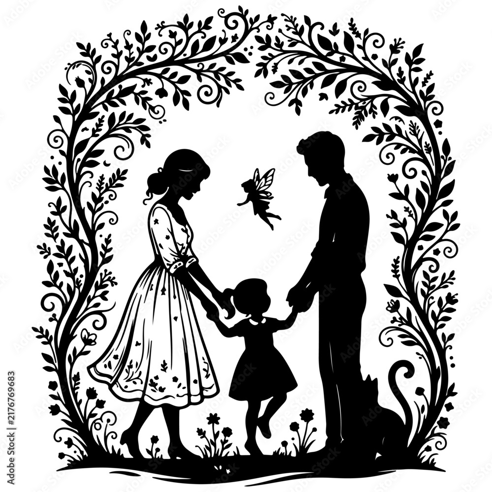 Obraz premium Family silhouette with fairy in floral frame