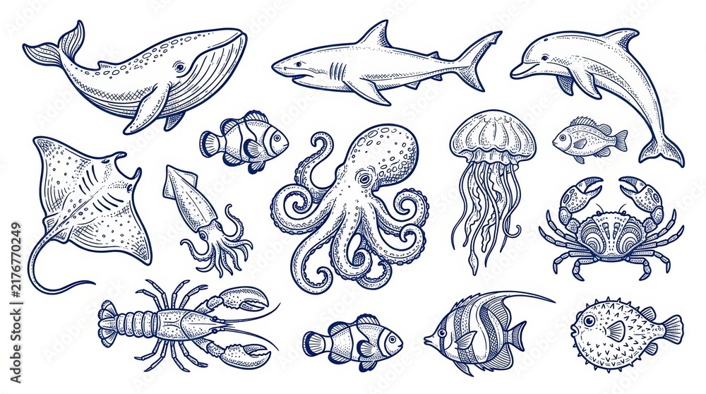 Fototapeta premium Set of hand drawn sea animals isolated on white background