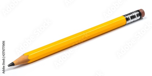 Single yellow wooden pencil with graphite tip and pink eraser isolated on white background