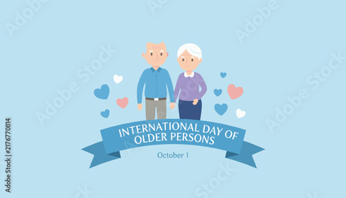 Sweet elderly couple holding hands on blue banner with hearts celebrating international day of older persons.
