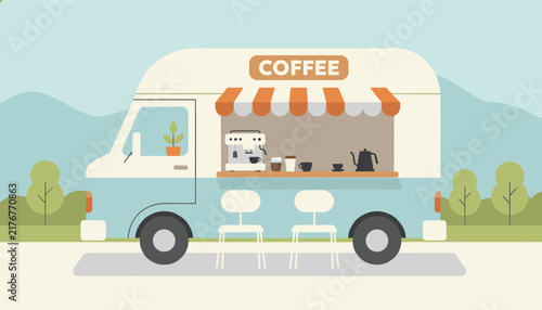 Mobile coffee food truck with espresso machine and stools parked in a beautiful scenic green park with mountains.