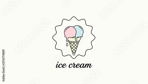 Delicious double scoop ice cream cone design with pink and blue strawberry and blueberry flavors over a soft cream background.