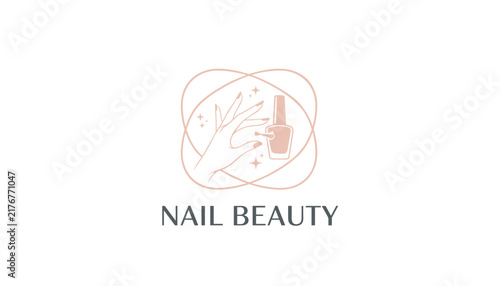 Elegant nail beauty logo with hand illustration and polish bottle surrounded by delicate golden loops and stars.