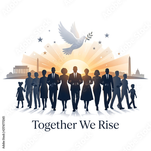 Diverse group of people walking together with peace dove and city skyline silhouette
