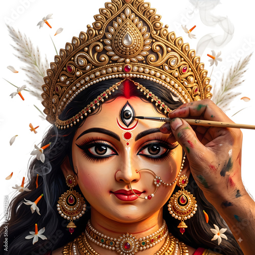 Artist painting third eye on Goddess Durga idol for traditional Indian festival celebration