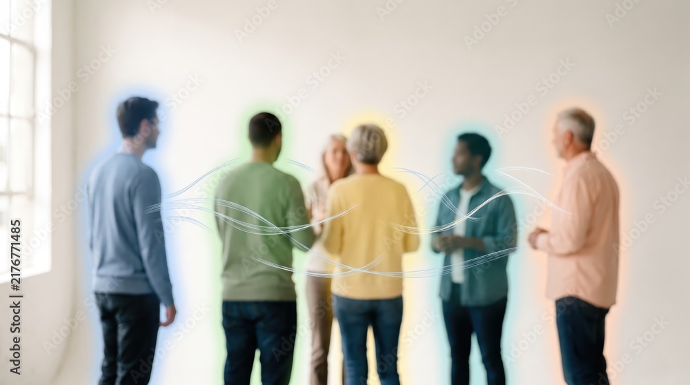 Fototapeta premium Diverse group of people standing together in a circle displaying colorful glowing aura energy fields around their bodies, representing spiritual connection, chakra alignment