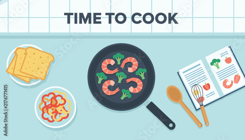 Overhead kitchen counter top view with shrimp and broccoli cooking in a pan next to a cookbook and bread slices.