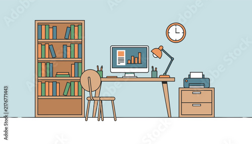 Cozy home office workspace featuring bookshelf desk with desktop computer showing business charts and printer.