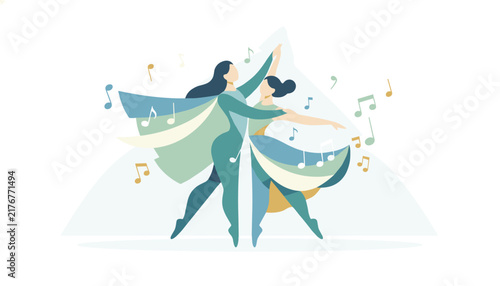 Elegant abstract couple dancing gracefully in harmony surrounded by flowing colorful capes and musical notes.