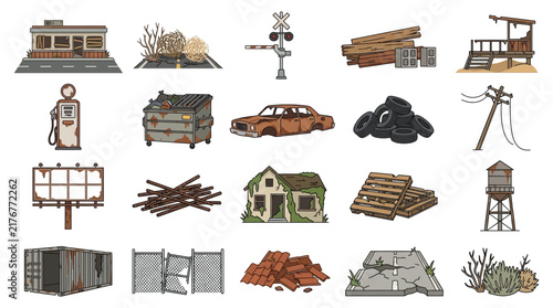 Foto Collection of dilapidated structures and debris vector illustration