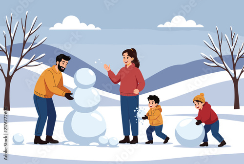 Happy family of parents and two little sons building big snowman together in beautiful winter mountain landscape.