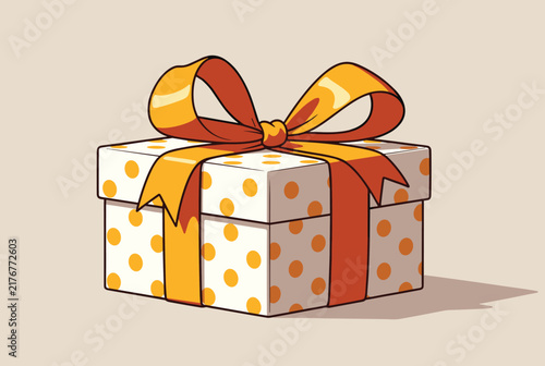Beautifully wrapped square gift box with orange polka dots pattern and bright yellow ribbon bow decoration on background.