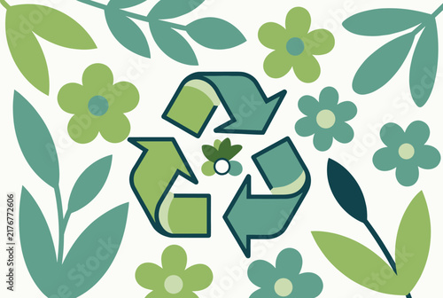 Green eco friendly recycling sign symbol surrounded by botanical leaves and flowers on light beige background.