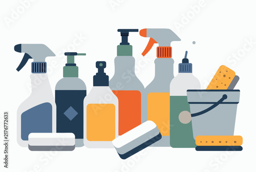 Professional domestic house cleaning products set with detergent spray bottles, sponges, and blue bucket with brush.