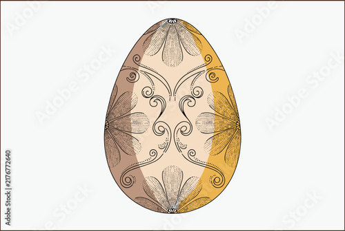 Vintage styled decorative easter egg with intricate hand drawn floral ornament engraving on plain white background.