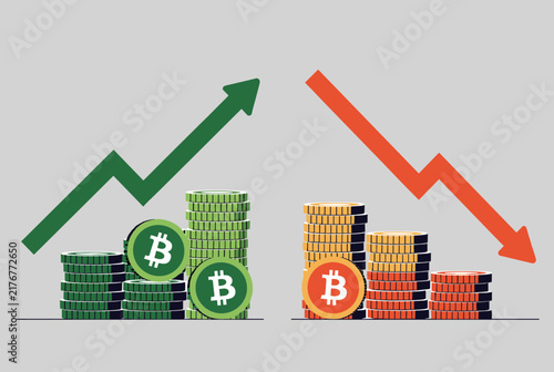 Cryptocurrency financial charts showing bitcoin coins growth with green arrow and massive price drop with red arrow.