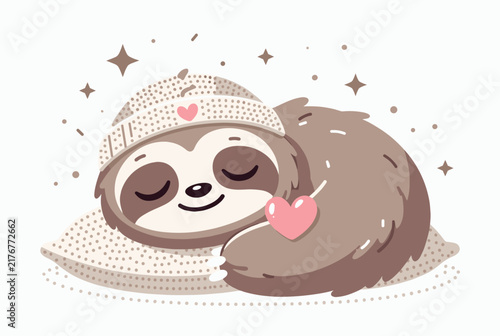 Adorable slow cartoon sloth wearing warm cozy knit hat sleeping peacefully on cozy pillow under starry night sky.