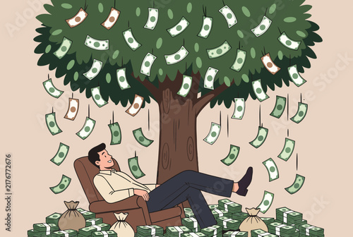 Happy wealthy businessman relaxing on comfortable armchair under money tree raining green dollar bills cash coins.