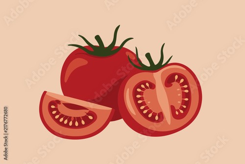 Fresh red ripe organic tomatoes with one whole vegetable, half cut slice, and a wedge on light peach background.
