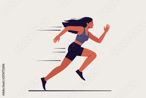 Determined athletic young sports woman running fast in dynamic outdoor running action pose on light beige background.