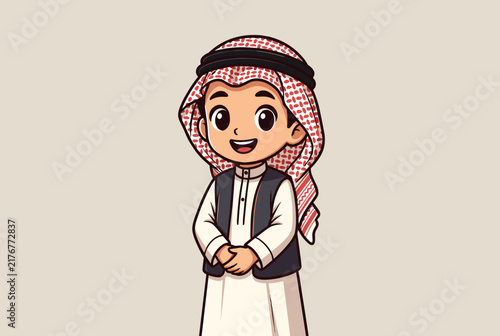Adorable cartoon character of a young Arab boy dressed in traditional white thobe, dark vest, and red patterned ghutra.
