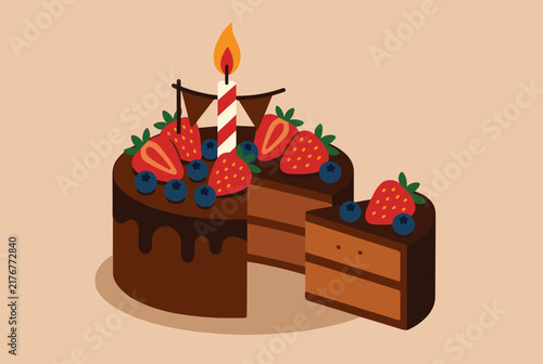Delicious double-layered chocolate cake decorated with fresh strawberries and blueberries with one slice cut out.