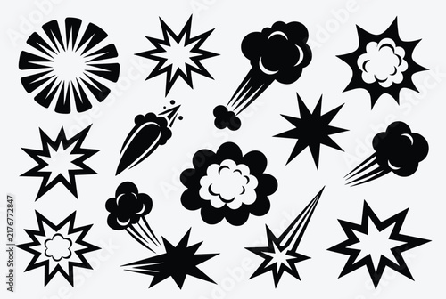 Comic book explosion speech bubbles and blast effects collection isolated on light grey background.