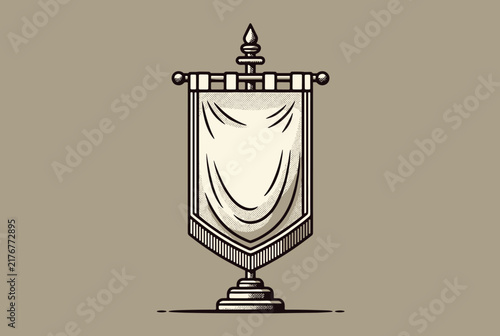 Medieval heraldic pennant banner hanging on a wooden desk stand designed in a classic vintage engraving style.
